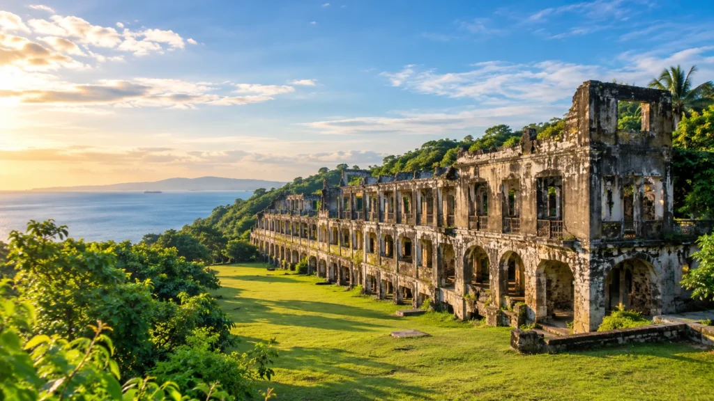 Mile-Long Barracks ruins overlooking Manila Bay on Corregidor Island, Philippines.